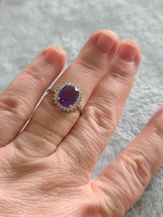 925 Sterling Silver Jewelry - Amethyst Sterling Ring With White Zircon Halo